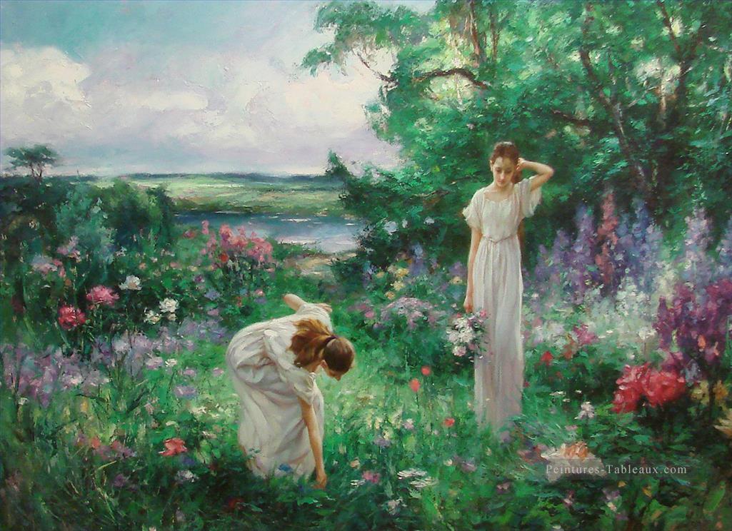 deux filles ramassant des fleurs au jardin Peintures à l'huile